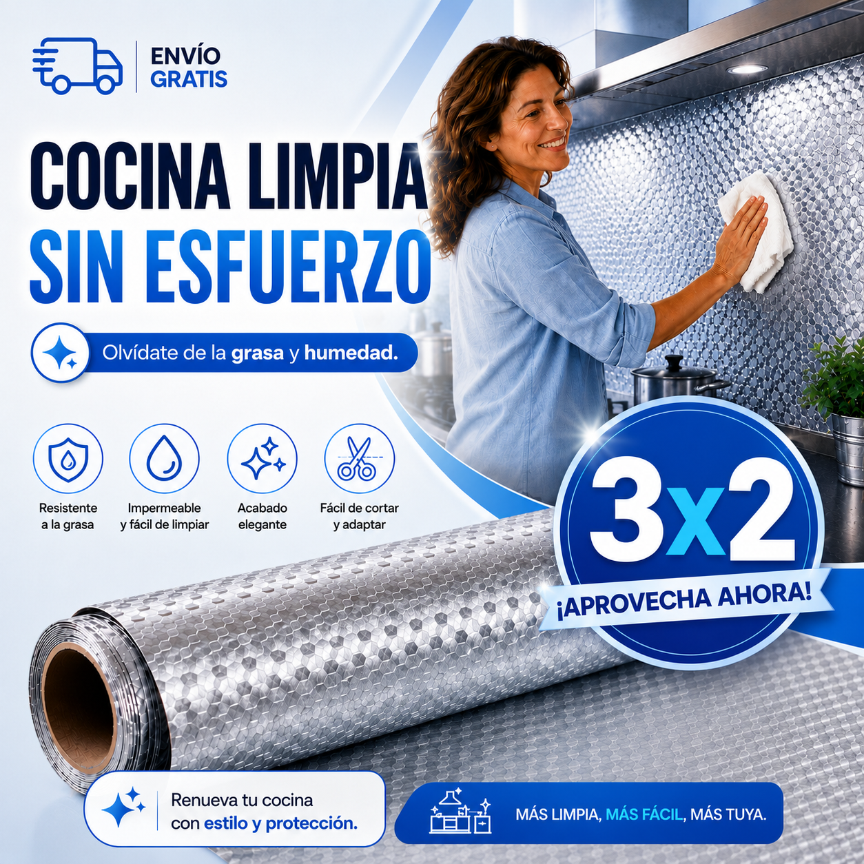 PAPEL DE ALUMINIO AUTOADHESIVO DE COCINA 100x40 cm
